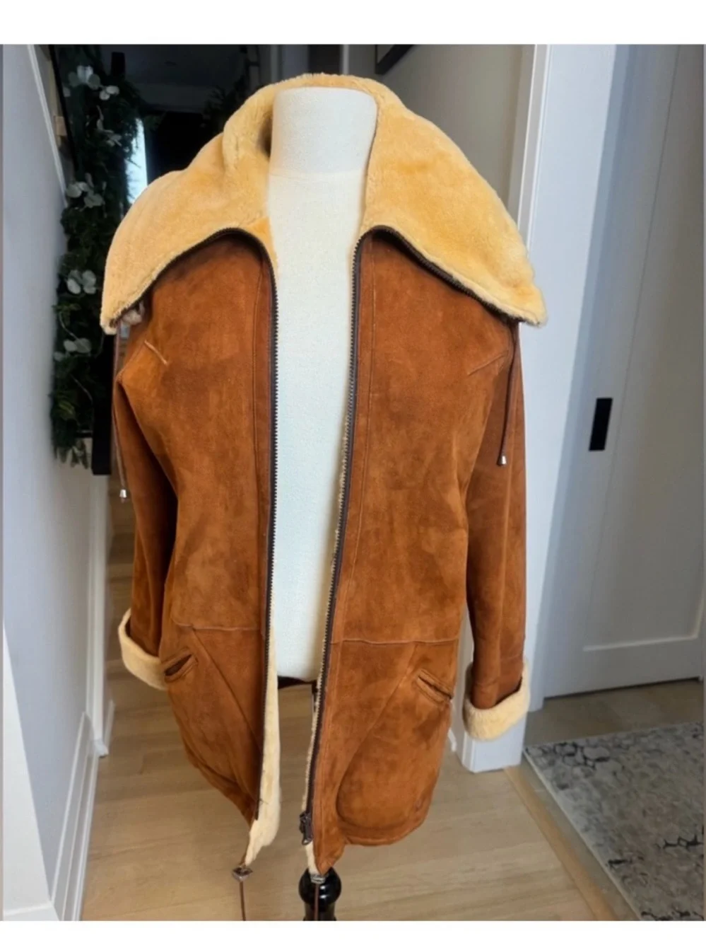 Classic Brown Shearling-Trim Women's Coat - Picture 6 of 13